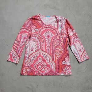 J. McLaughlin Top Signature Tee Catalina Cloth Pink Floral Paisley Print sz M